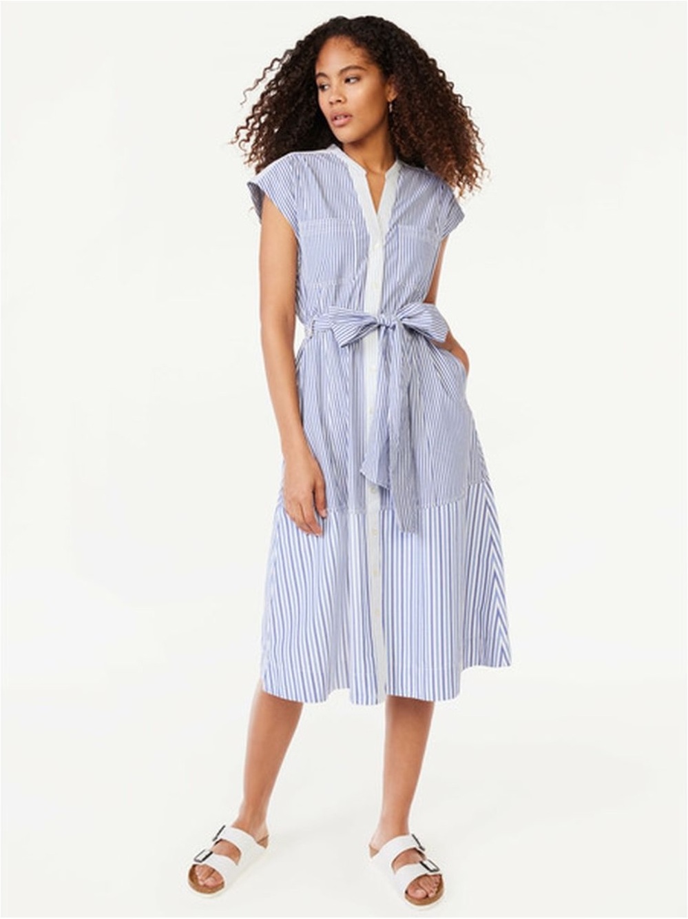 100% Cotton Blue Striped Tie-Waist Midi Dress